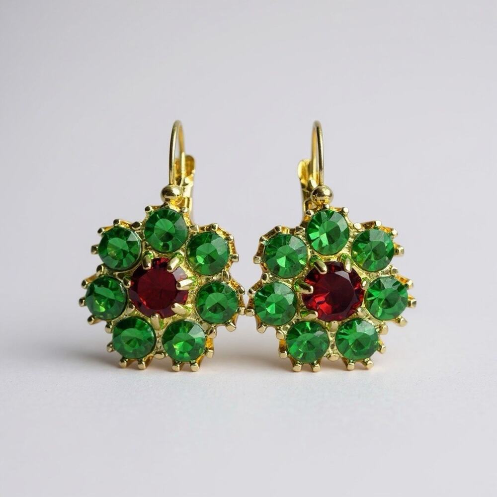 Amelia Earrings Flower Ruby Red & Emerald Green Austrian Crystal Stones Lever
